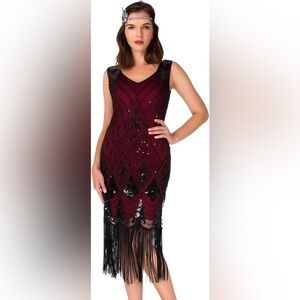 Vijiv 1920s Gatsby Flapper Dresses with Sleeves Sequin Art Deco Cocktail Dress S